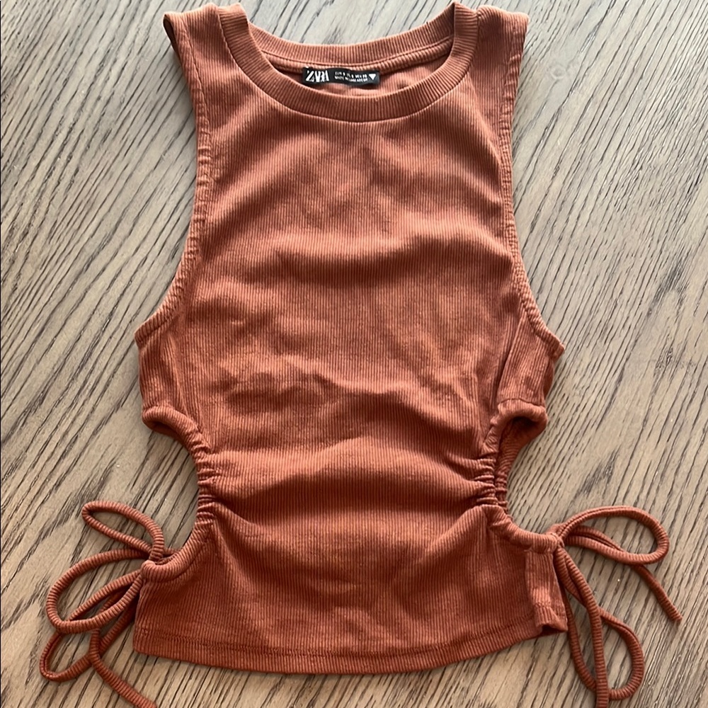 Zara Brown Cutout Tie Sleeveless Top